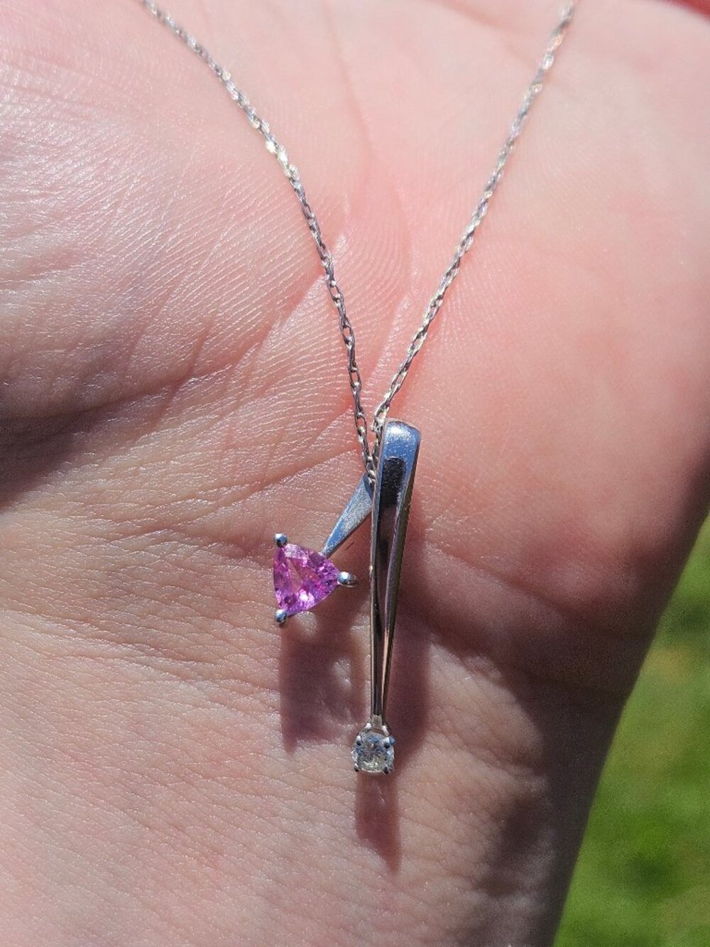 14K White Gold Pink Ice Topaz & Diamond Ribbon Pendant Charm Only 25x10mm